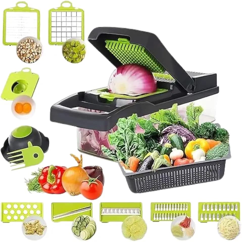 Vegetable chopper, professional mandolin slicer, 12 in 1 for kitchen, multifunctional food cutter with 8 blades and filter basket.