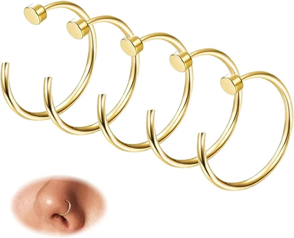 18G 20G 22G Nose Rings Hoops for Women Nose Piercing - Hypoallergenic 316L Stainless Steel Hoop Nose Rings Piercing Jewelry 5PCS Gold Silver Black Tone