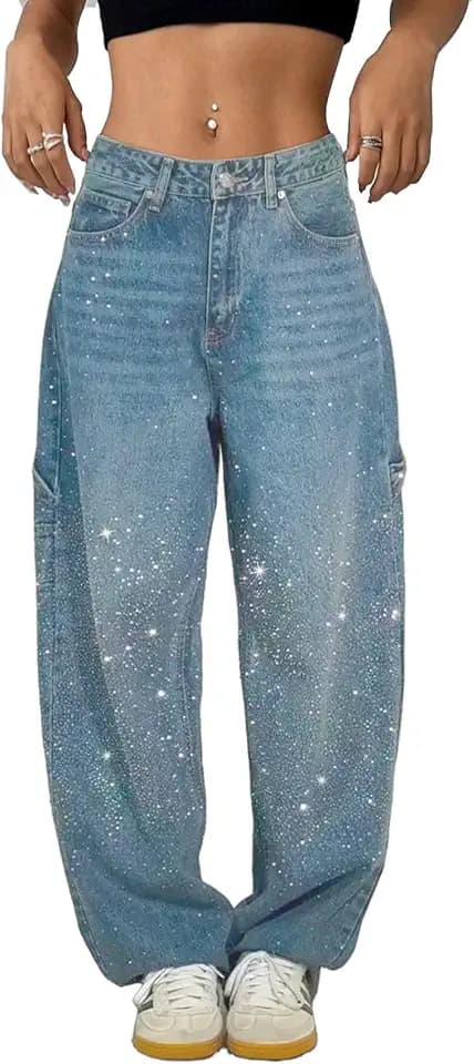 High Waisted Baggy Jeans for Women Rhinestone Diamond Straight Loose Jeans Fashion Vintage Boyfriend Denim Pants