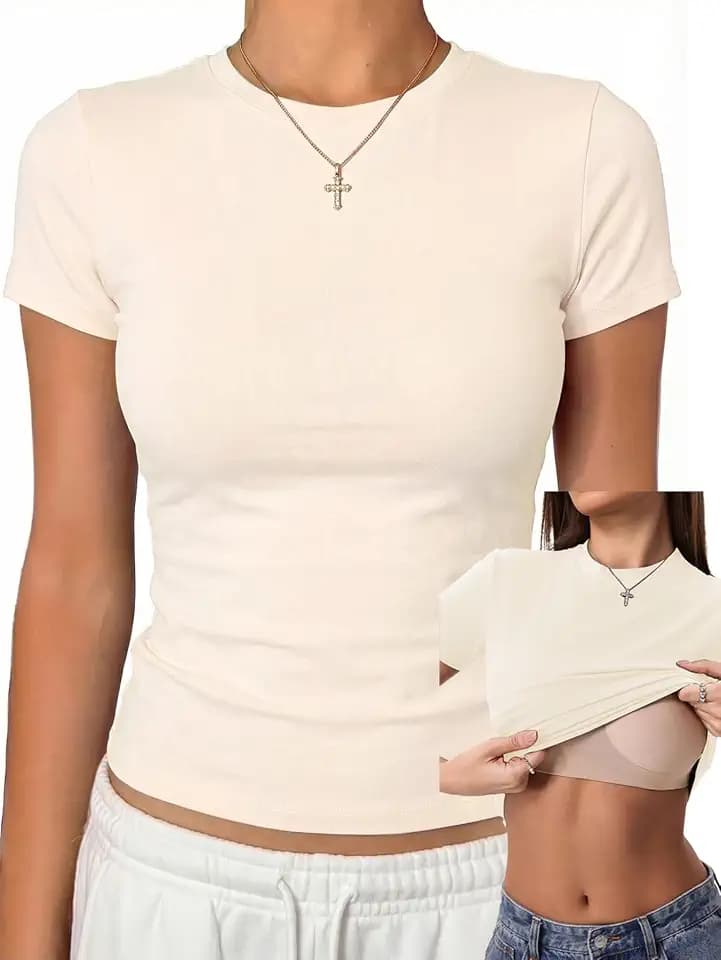 Danysu Womens Tops with Built in Bra Short Sleeve Fitted Crop T Shirt
