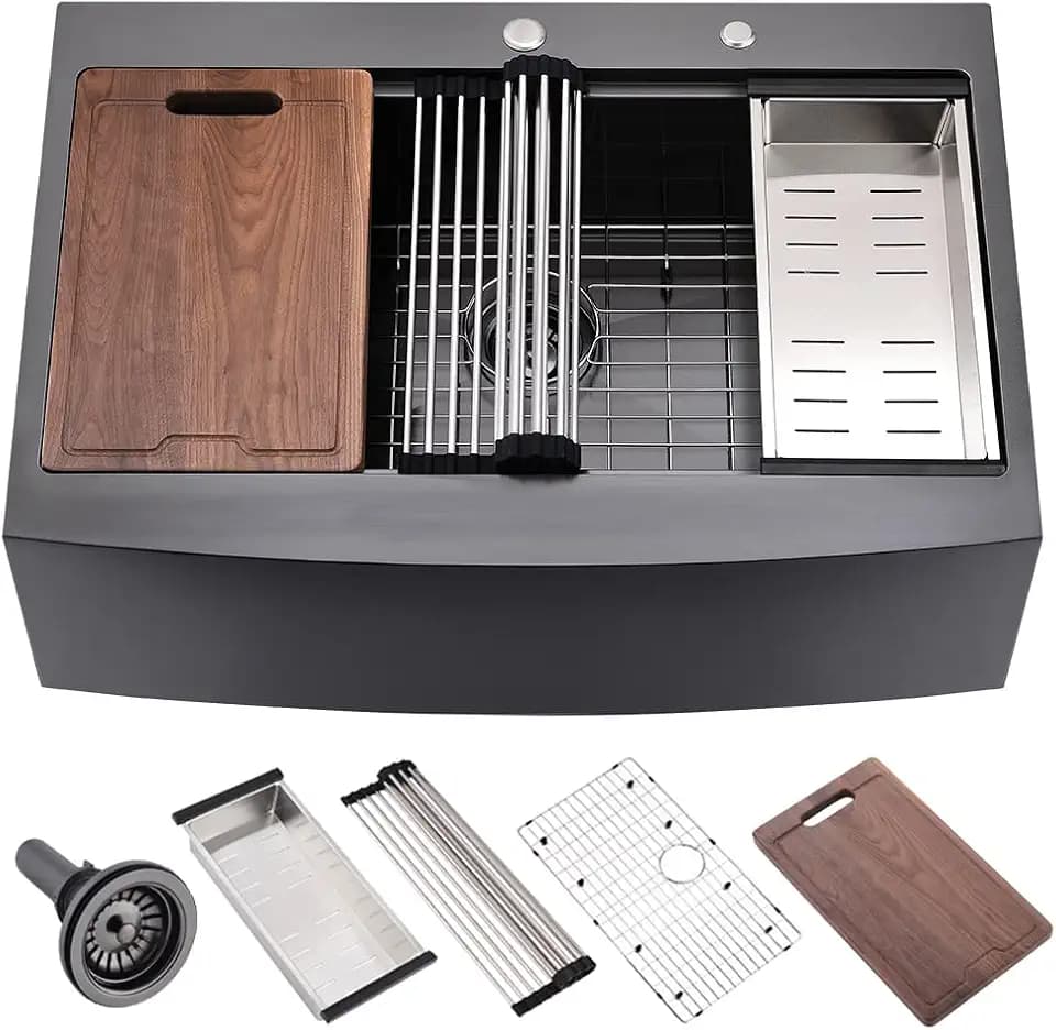 33x22 Inch Black Farmhouse Sink Drop In Kitchen Sink Workstation