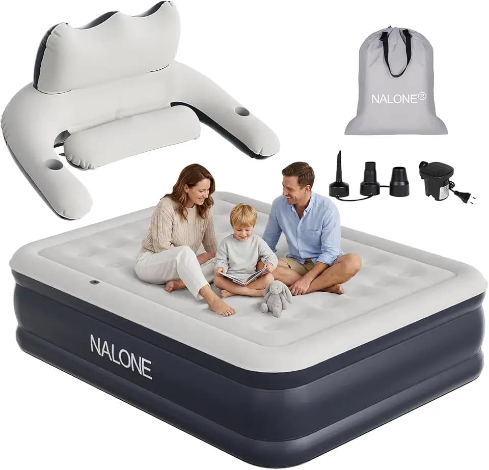 NALONE Luftmatratze 2 Personen, Luftmatratze mit Rückenlehne und Integrierter Pumpe, 203x152x45cm Luftbett Selbstaufblasend in 3 Minuten, Aufblasbare Matratze für Camping & Heimgebrauch