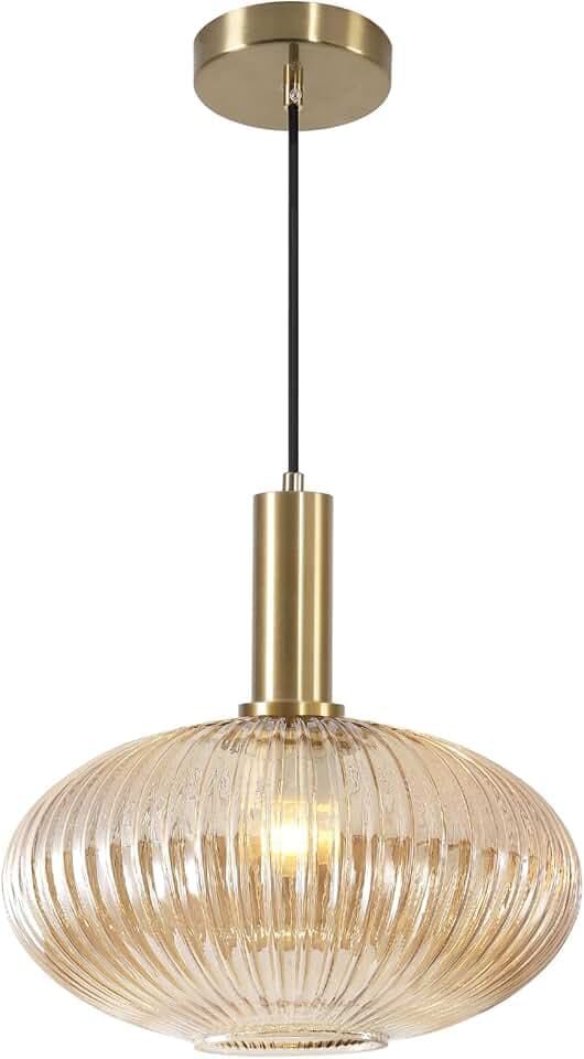 KCO Modern Brushed Brass Gold 11.8” Large Amber Ribbed Glass Pendant Light