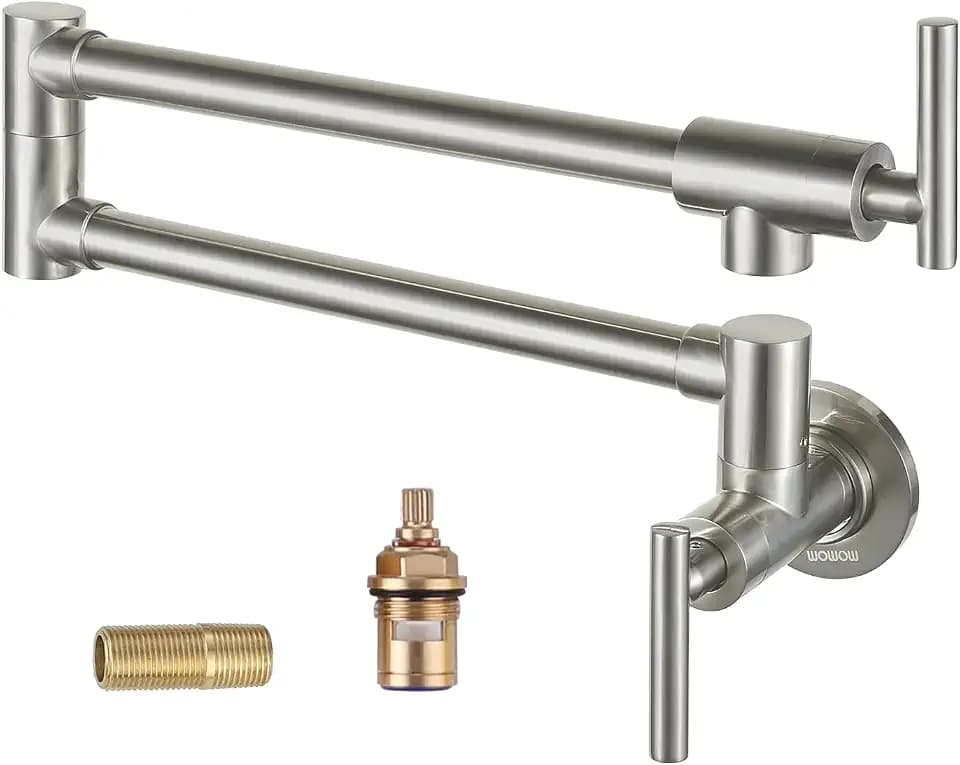 WOWOW Pot Filler Faucet Brushed Nickel, Brass Pot Filler Wall Mount Kitchen Stove Faucet with Double Joint Swing Arms