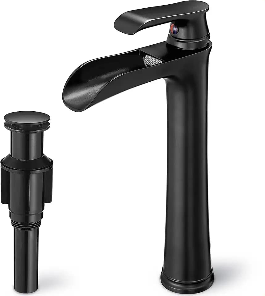 Waterfall Bathroom Sink Faucet, Brass Tall Black Bathroom Faucet Single Handle Vessel Faucet, Bathroom Faucets One Hole Mixer Bowl Tap with Pop-Up Drain Water Hoses for Vanity Lavatory Farmhouse
