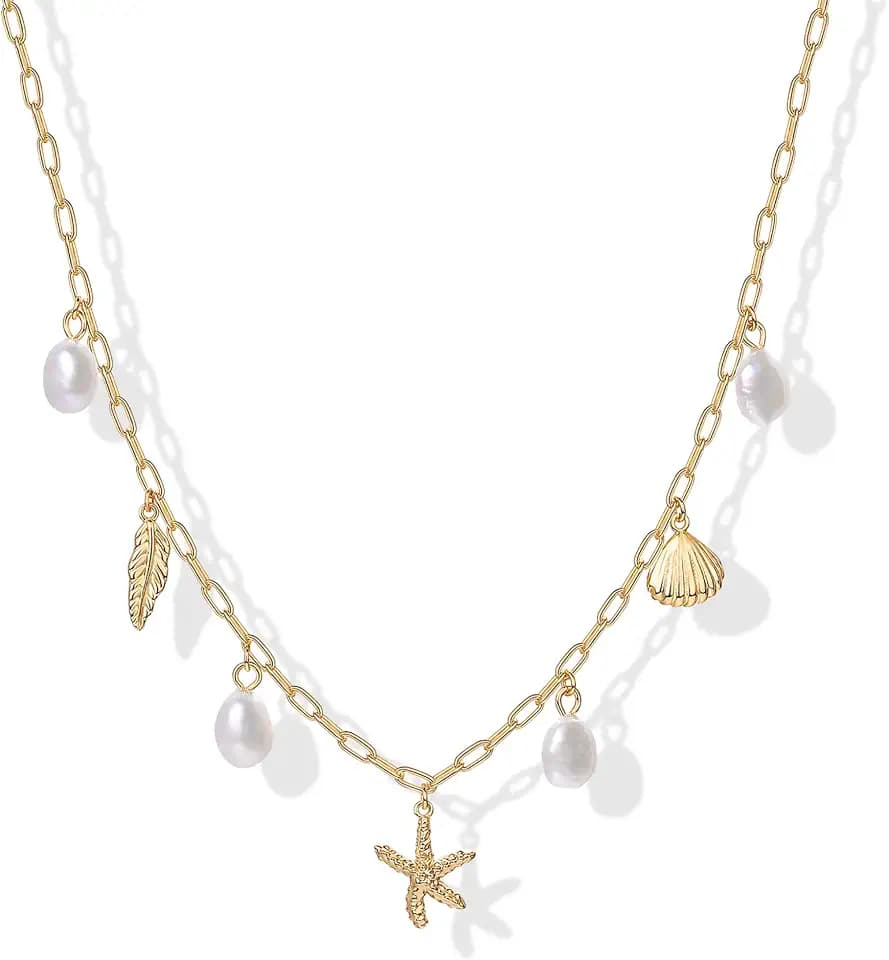 PAVOI 14K Gold Plated Beach Charm Necklace for Women, Multi Charm Necklace
