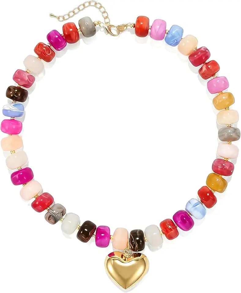 Colorful Chunky Heart Necklace for Women, Colorful Acrylic Beaded Statement Puff Heart Necklace, Cute Boho Y2K Choker Necklace for Gift Jewelry