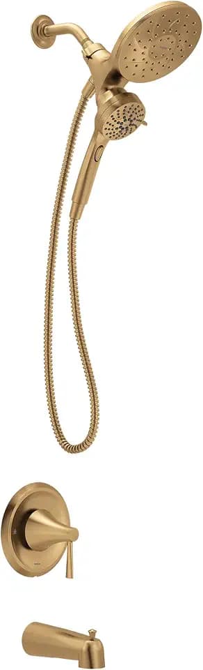 Moen Ronan Bronzed Gold Handshower and Rainfall Shower Head Trim Combo with Handle, Tub Spout, and Metal Hose, 82024BZG