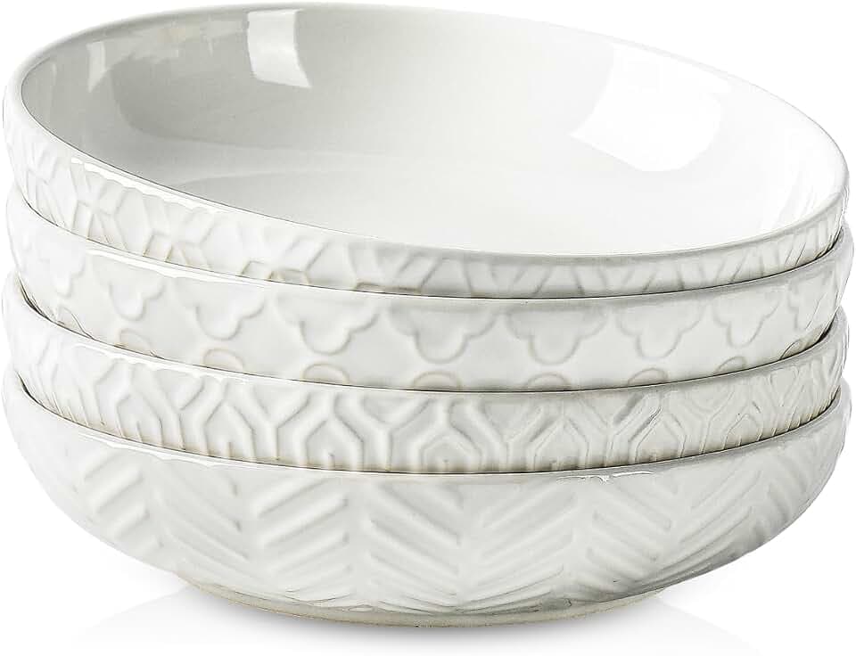 Sureasy 9.7" Pasta Bowls Set of 4-42 oz Large Salad Bowls for Kitchen, Embossed Ceramic Serving Bowls for Fruits, Soup, Pasta and Salad, Microwave & Dishwasher Safe, White