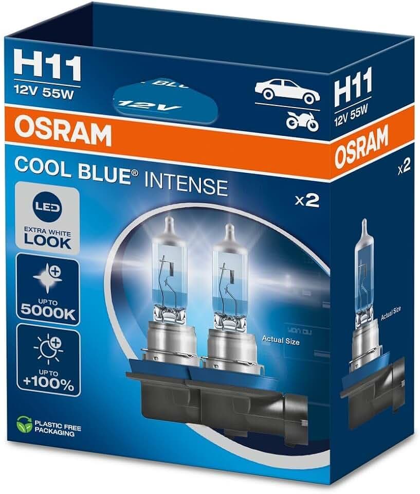 Osram COOL BLUE® INTENSE H11, +100% more brightness, up to 5,000K, halogen headlight lamp, LED look, Hanging folding box (2 lamps)