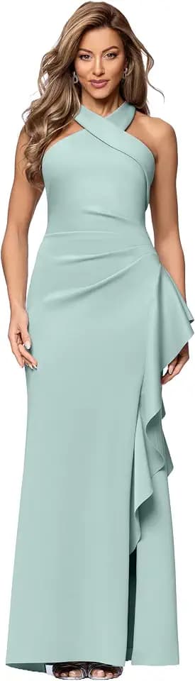 Xscape Evenings Women's Long, Bodycon Low-Sheen Cross Front Halter Neck Evening Dress with Ruching & Ruffle Detail