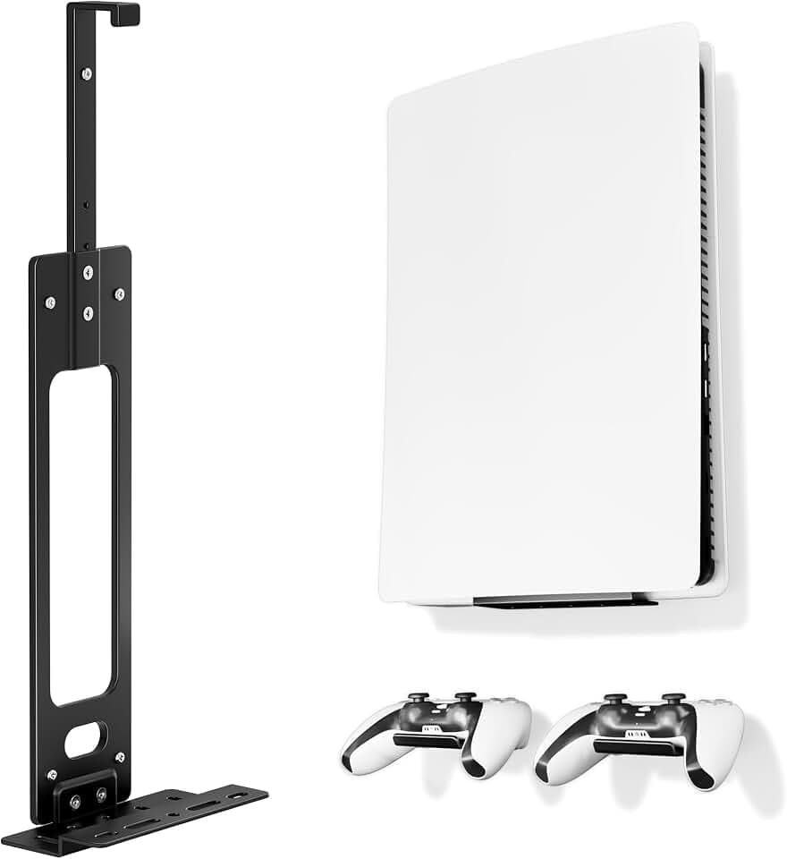 PS5 Wall Mount Kit, Space-Saving Console Mount for PlayStation 5, with 2 Controller Holders, Compatible with Disc, Digital, Slim & Pro, Black