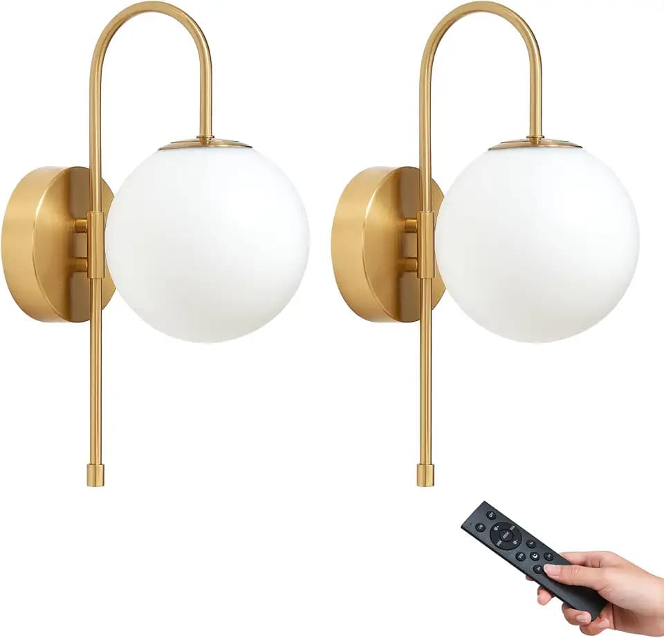 Battery Operated Gooseneck Wall Sconces, Brushed Gold Globe Glass Set of 2