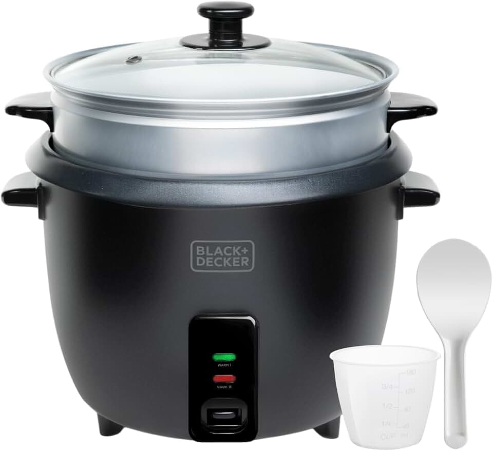 BLACK+DECKER - Reiskocher BXRC1800E + 700W | 1,8 l bis zu 7 Portionen | Antihaftbeschichtung | Warmhaltefunktion | Messbecher & Reislöffel | Spülmaschinenfest | Schwarz