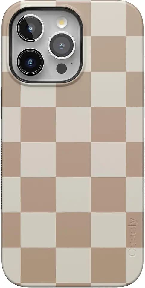 Casely iPhone 15 Pro Case | Fit Check | Neutral Checkerboard | Bold Protective Design | Compatible with MagSafe