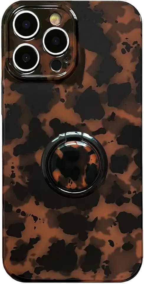 Compatible with iPhone 16 Pro Case with 360° Rotating Ring Stand - Cute Tortoise Shell Leopard Print Trendy Cover,Slim Fit Shockproof TPU,Non-Slip Grip & Kickstand for Women Girls (Brown Amber)