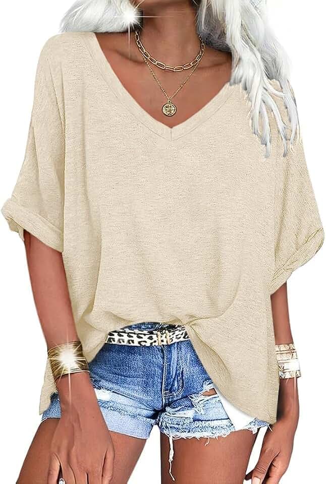 Womens V Neck Oversized T-Shirts Summer Short Sleeve Loose Tops