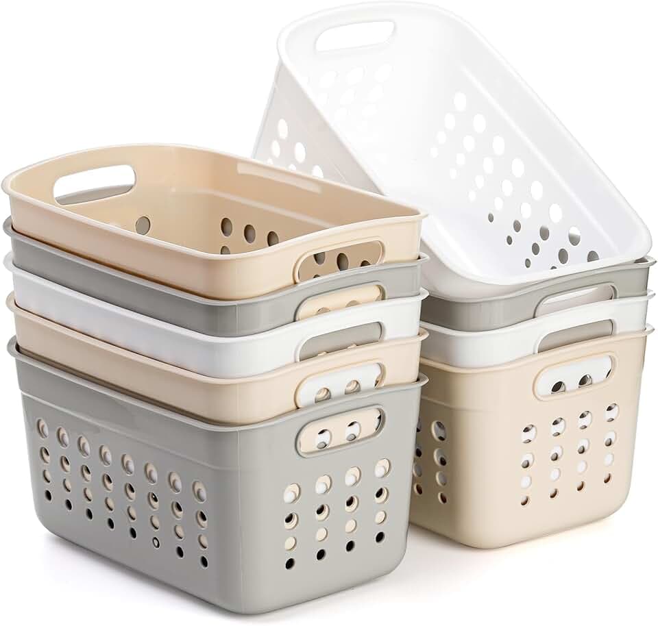 DEAYOU Aufbewahrungskorb aus Kunststoff, klein, für Speisekammer, rechteckig, mit Griff für Regal, Haushalt, Schreibtisch, 9 Stück (Beige, Weiß, Grau)