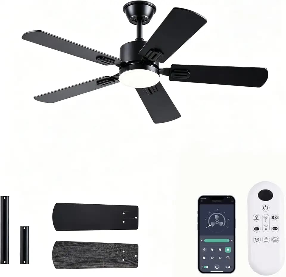 FUMLTP 42 inch Modern Ceiling Fans with Lights APP/Remote Control, Low Profile Reversible 6 Speeds Ceiling Fan Light for Indoor/Outdoor Patio Bedroom Living Room,Black