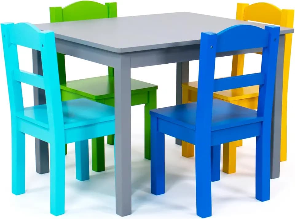 Humble Crew bunter Holztisch für Kinder, Grau/Blau/Grün/Gelb! Mit 4 Stühlen, ideal für Kinderzimmer. Jetzt fröhlichen Spielspaß schaffen! Kaufen
