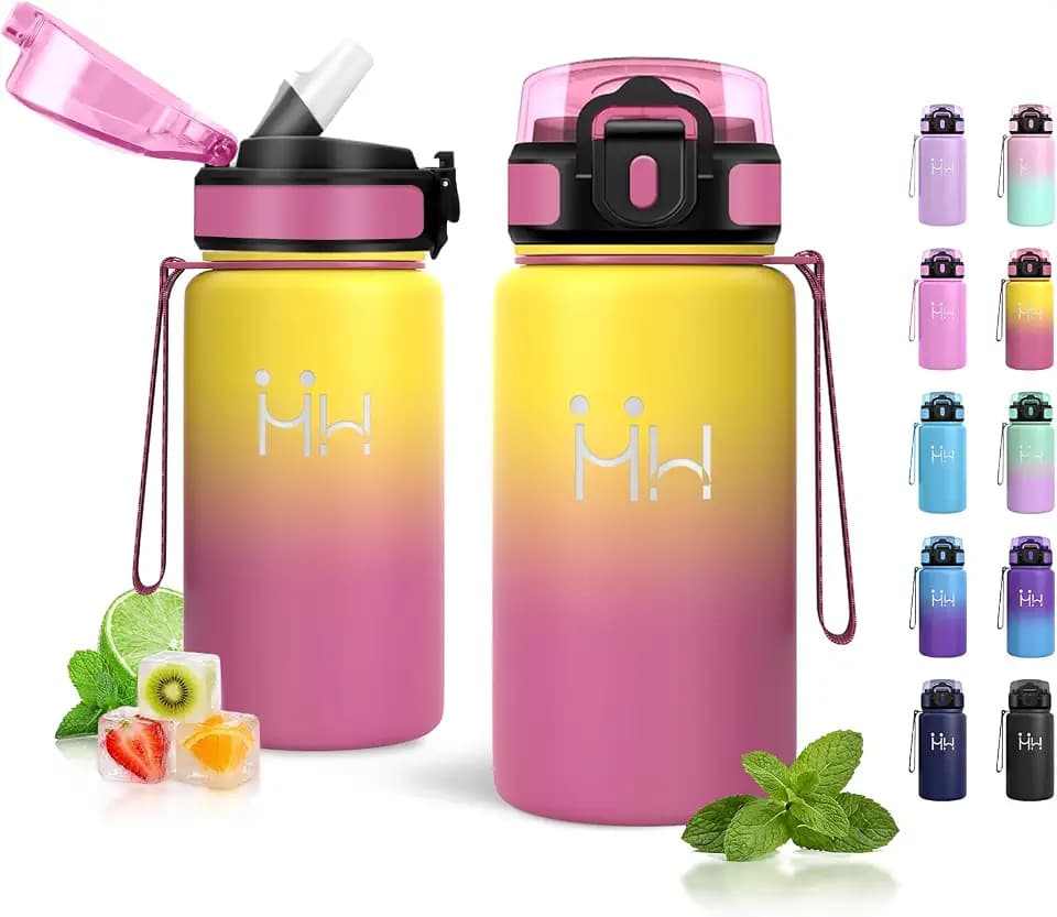Trinkflasche Edelstahl 500ml, Trinkflasche mit Strohhalm, Vakuum Thermosflasche, BPA-Frei, Kohlensäure Geeignet, Wasserflasche für Camping, Picknick, Schule