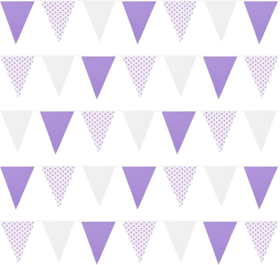 Zwiebeco 39Ft Purple White Dot Fabric Bunting Banner Triangle Flags Hanging Cotton Garland Pennant for Wedding Birthday Tea Party Nursery Home Outdoor Garden Decorations