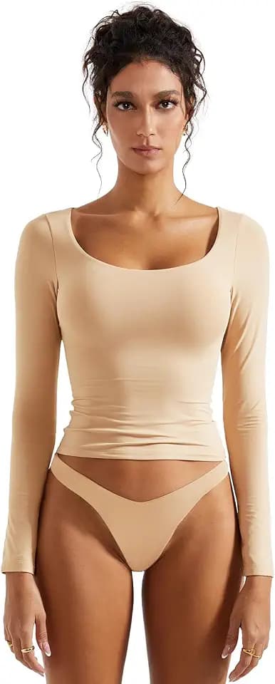 SUUKSESS Women Double Lined T Shirts Scoop Neck Long Sleeve Tops