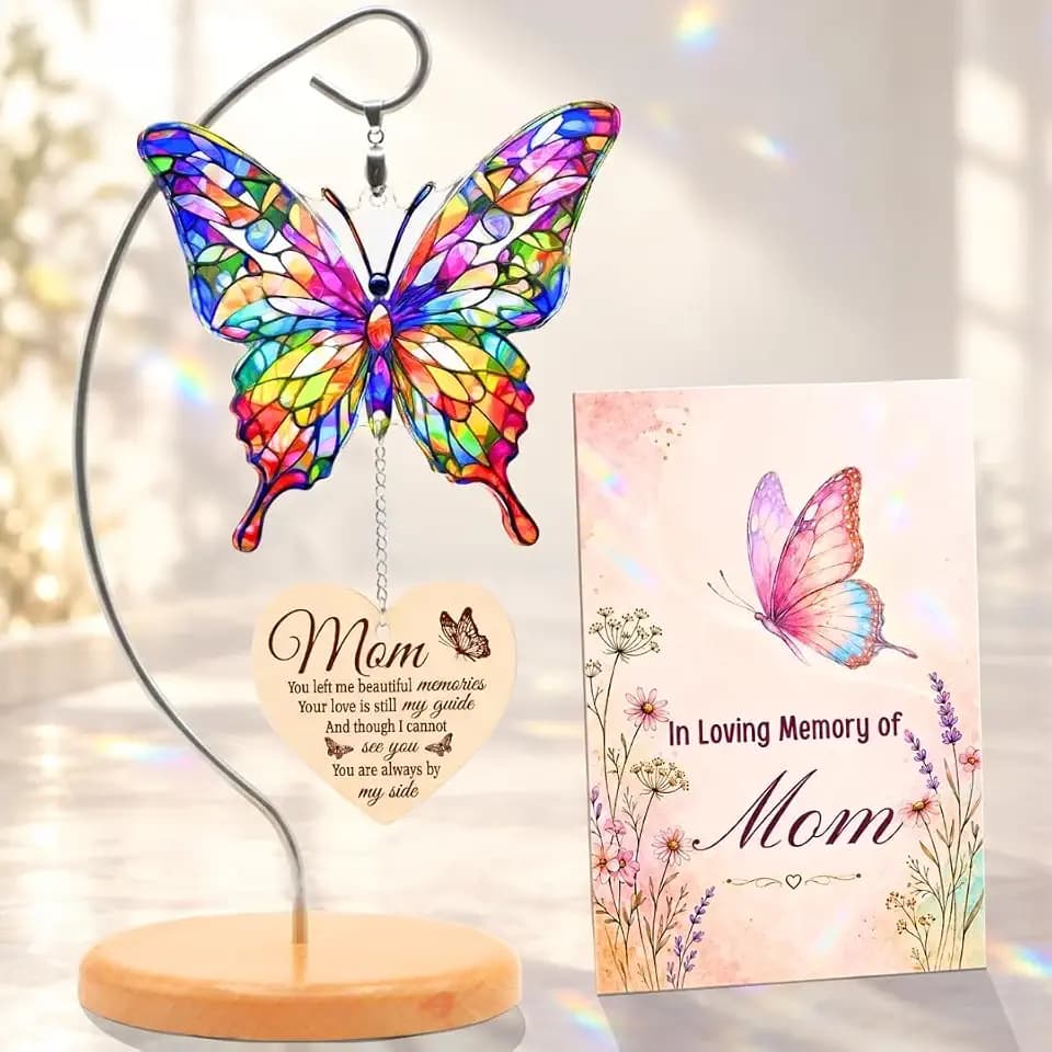 Butterfly Memorial Acrylic Suncatcher Table Decor with Wooden Base, Butterfly Memorial Gifts, Memorial Gifts for Loss of Mom, Sympathy Gifts for Loss of Mother, Bereavement Gifts for Loss of Mother