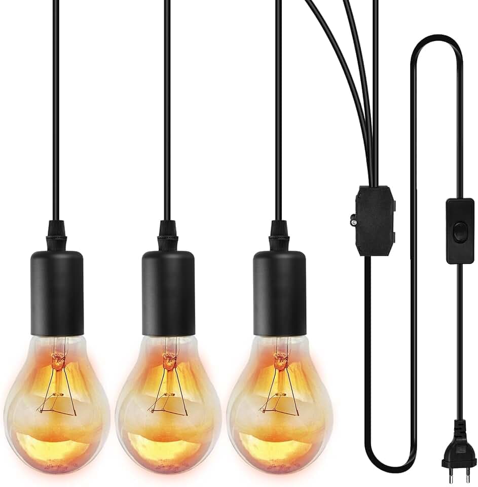 Vegena Hängelampe Mit Stecker Und Schalter, Lampenaufhängung, E27 Pendelleuchten, 3 Flammige Deckenlampe Ideal Für Deckenbeleuchtung Für Esstisch Küche Loft Schlafzimmer Bar Cafes