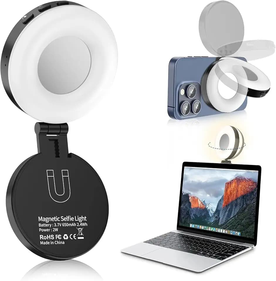 Magnetic Selfie Light, Phone Selfie Ring Light Compatible with iPhone Magsafe, 3-in-1 Magnetic Beauty Selfie Light for Phones with Mirror for Selfies/Photography/TikTok/Zoom Calls/Video Conference