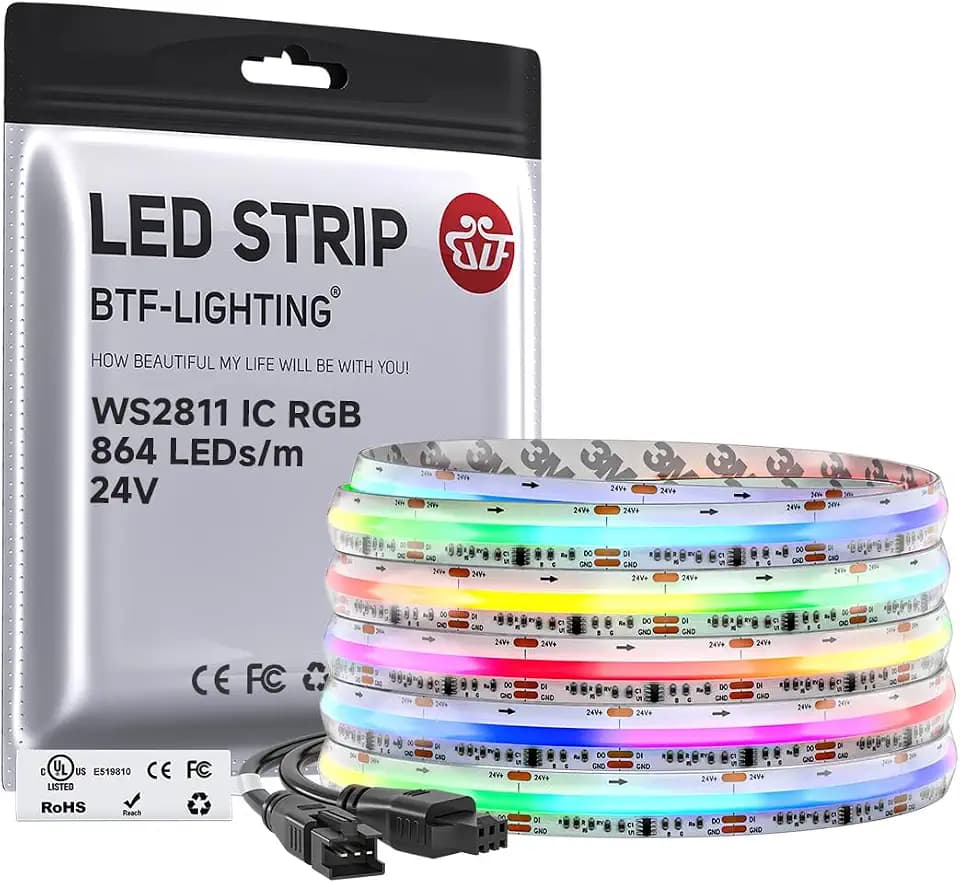 BTF-LIGHTING IP66 RGB WS2811 Smart IC FCOB COB LED Strip, UL Listed 864LEDs/m High Density Color Chasing Uniform Light, DC24V 16.4FT 12mm Width Tape Light for Home DIY Decor(No Adapter or Controller)