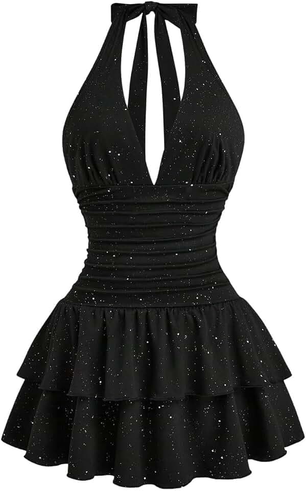 BEAUDRM Women's Sparkly Halter Mini Dress Y2k Glitter Ruffle Dresses