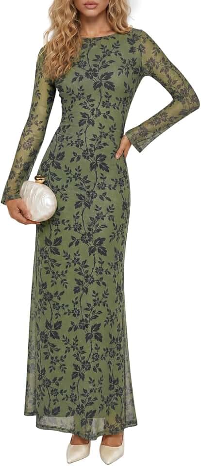 Wenrine Womens Long Sleeve Maxi Dress Floral Mesh Wedding Guest Dresses