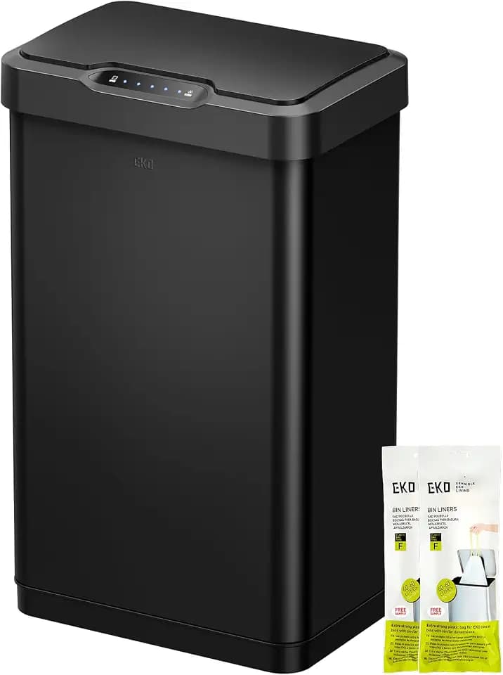 EKO Mirage-T 50L Mülleimer mit Sensor, Edelstahl Automatischer Abfalleimer für die Küche, rechteckiger elektrischer Mülleimer, Soft Closing Deckel, Fingerabdruckresistente, Matt Schwarz