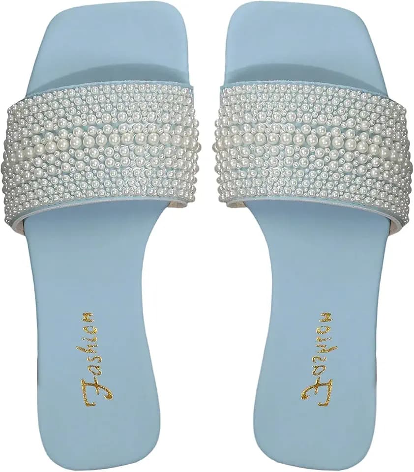 OYOANGLE Women's Pearl Square Toe Sandals Open Toe Flat Slip On Slides