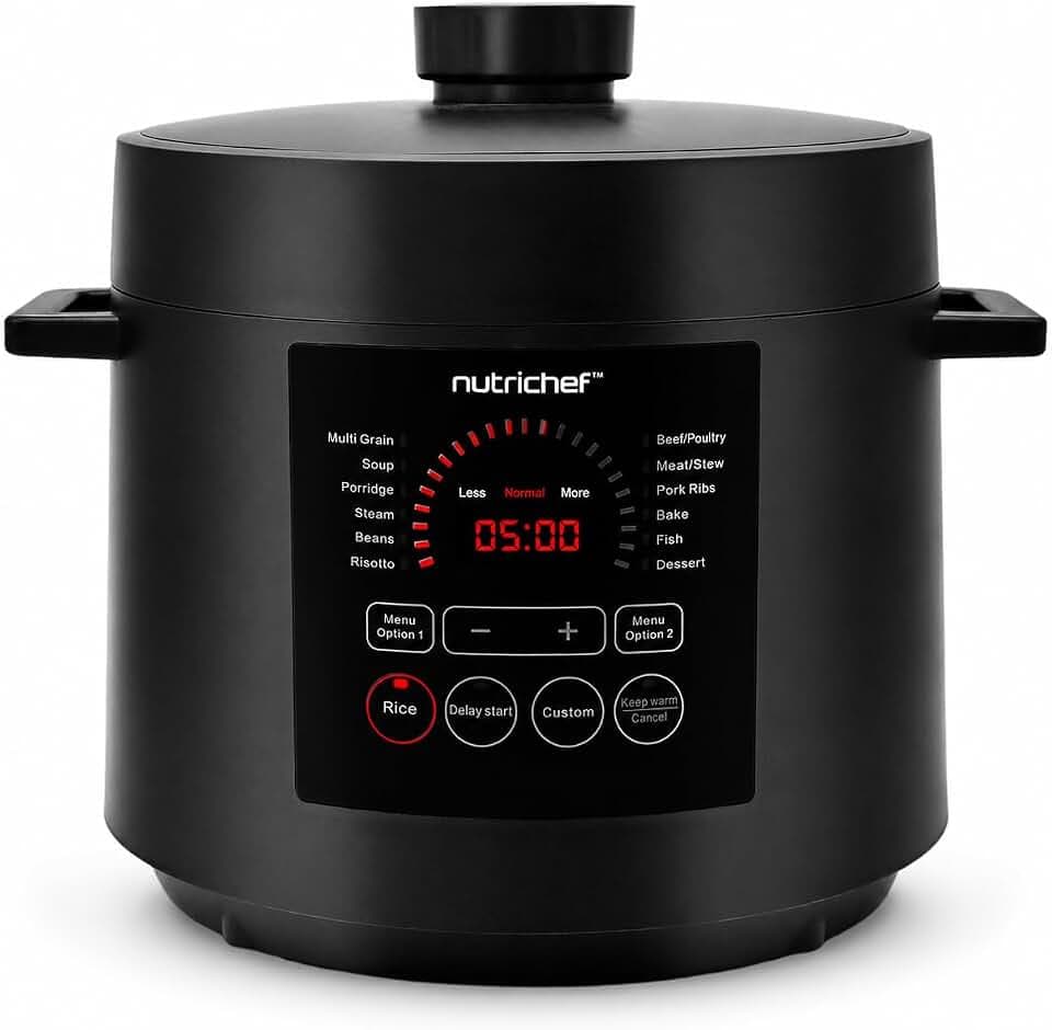 NutriChef Multikocher 5,7 L Elektrischer Schnellkochtopf, 9 Programme, Digitaler Druckkocher, Reiskocher & Dampfgarer, Schwarz