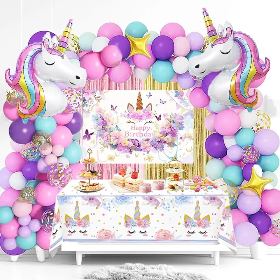 Unicorn Birthday Decorations Kit, 135 PCS with 3D Unicorns & Backdrop