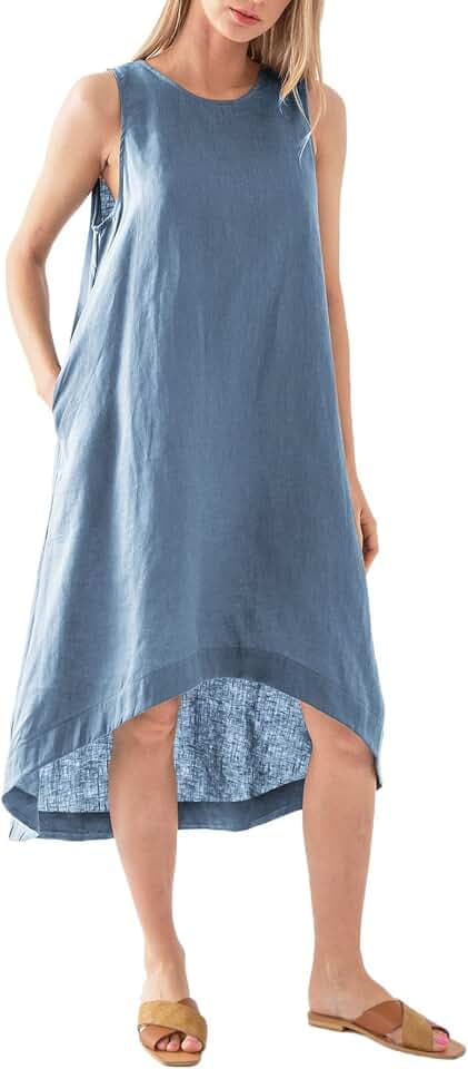 Amazhiyu Women's 100% Linen High Low Midi Dress with Pocket