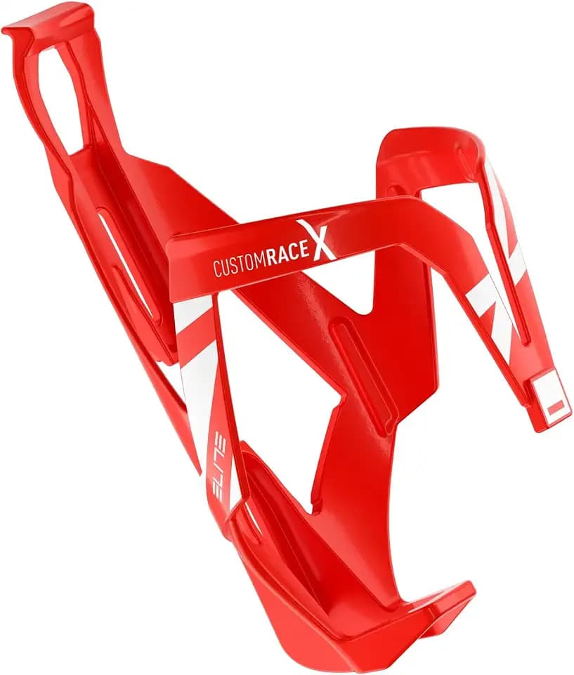 Elite Custom Race X Flaschenhalter – Rot Glänzend mit weißer Grafik – Leicht Aerodynamisch Stabil Universal – Für Rennrad MTB Gravel – Trinkflaschenhalter Fahrrad Bidon