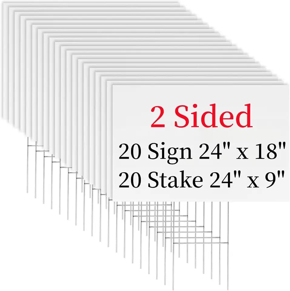 20 Pack 18 x 24 Inches Large White Corrugated Plastic Yard Sign with Metal Stakes for Birthday, Real Estate Garage Sale Signs, Rent, Guidepost Decorations