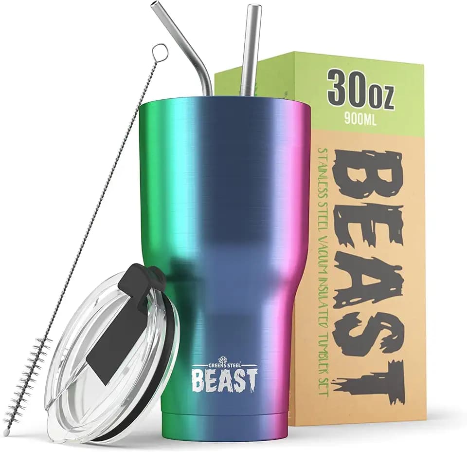 Greens Steel Beast Tumbler – 900 ml (30 oz), Regenbogen | Wiederverwendbarer Edelstahl, vakuumisolierter Becher | mit 2 Strohhalmen & Reinigungsbürste | Doppelwandiger Reise-Thermobecher