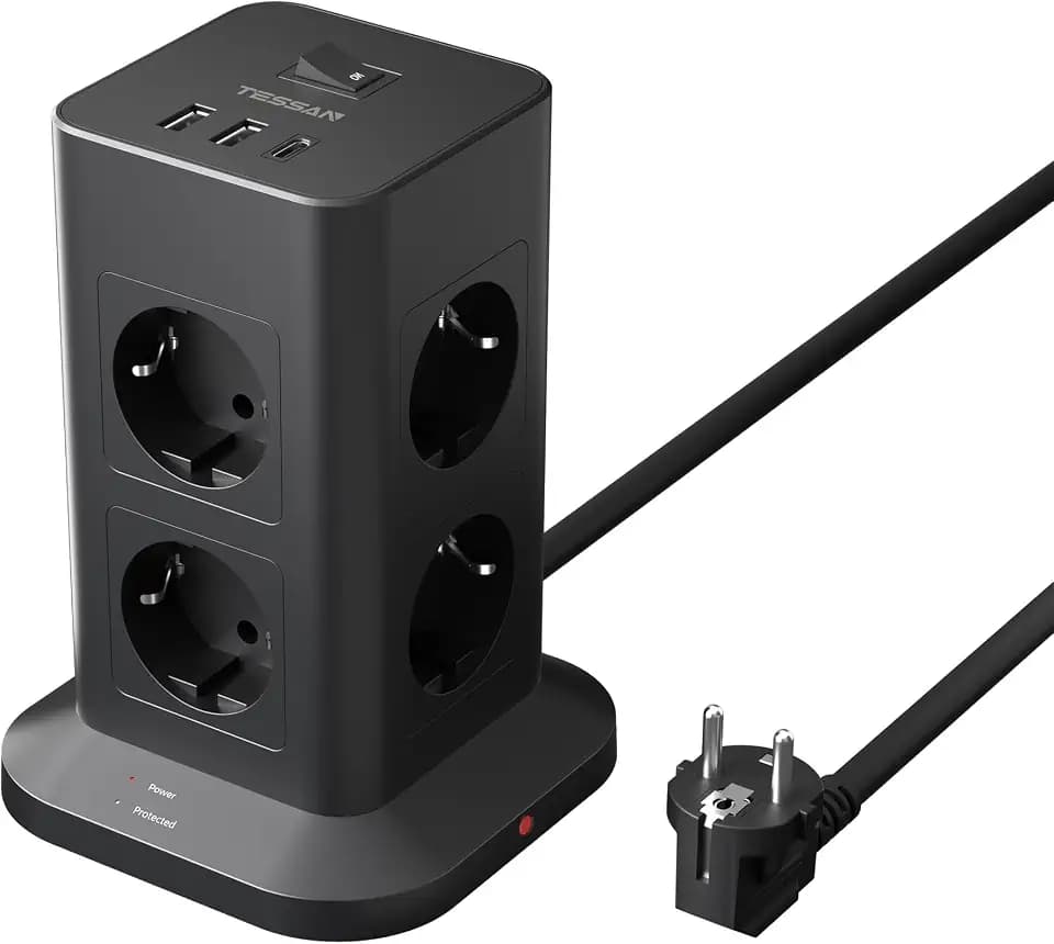 TESSAN 8 Fach Mehrfachsteckdose mit USB C, Verlängerungskabel 2M, Schwarz | Verteilersteckdose mit 3 USB, Steckdosenleiste Überspannungsschutz, Mehrfachstecker 3600W, Steckerleiste für Zuhause