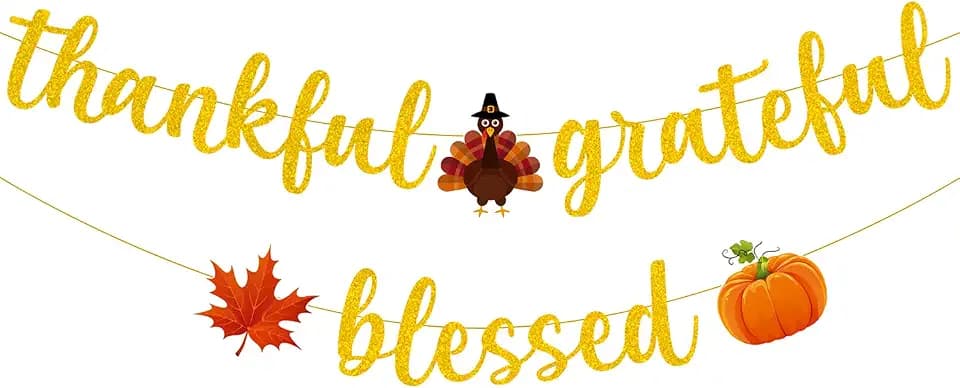 CAVLA Glitter Thankful Grateful Blessed Banner Gold Glittery Thanksgiving Day Fall Garland Banner with Turkey Maple Leaves and Pumpkin Signs Friendsgiving Turkey Day Wall Fireplace Party Decorations