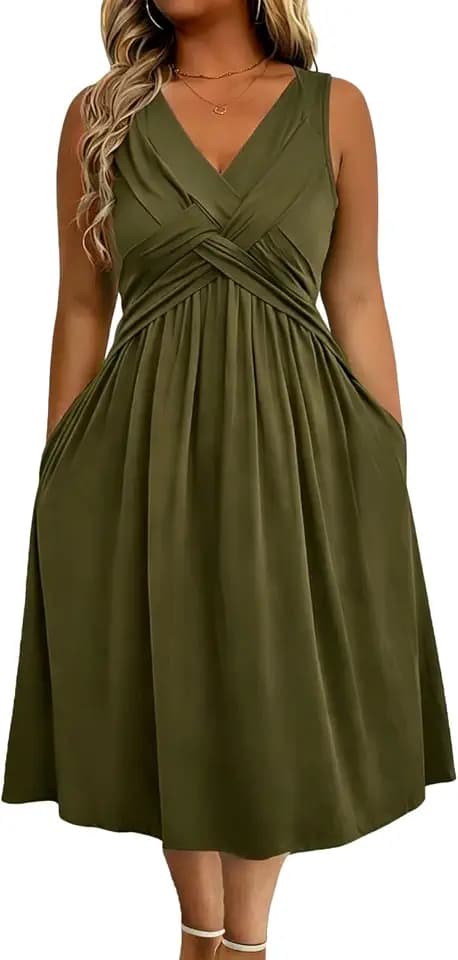 Womens Summer Short Sleeve Casual Dresses Crisscross Front A-Line Wrap Midi Dress with Pockets