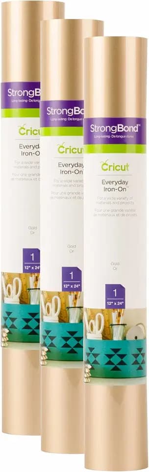 Cricut Everyday Iron On, Gold, 3-Pack of 2ft Rolls (12"x24") Heat Transfer Vinyl for Shirts, Hats, Décor & More