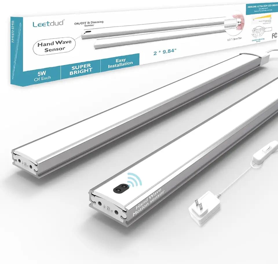 Leetdud Hand Wave Under Cabinet LED Lighting Plug in, 16 Inch 2 Pcs Dimmable Linkable Ultra Thin Aluminum Alloy Housing, 4000K Natural White Motion Sensor Counter Lights for Kitchen, Shelf, Cupboard