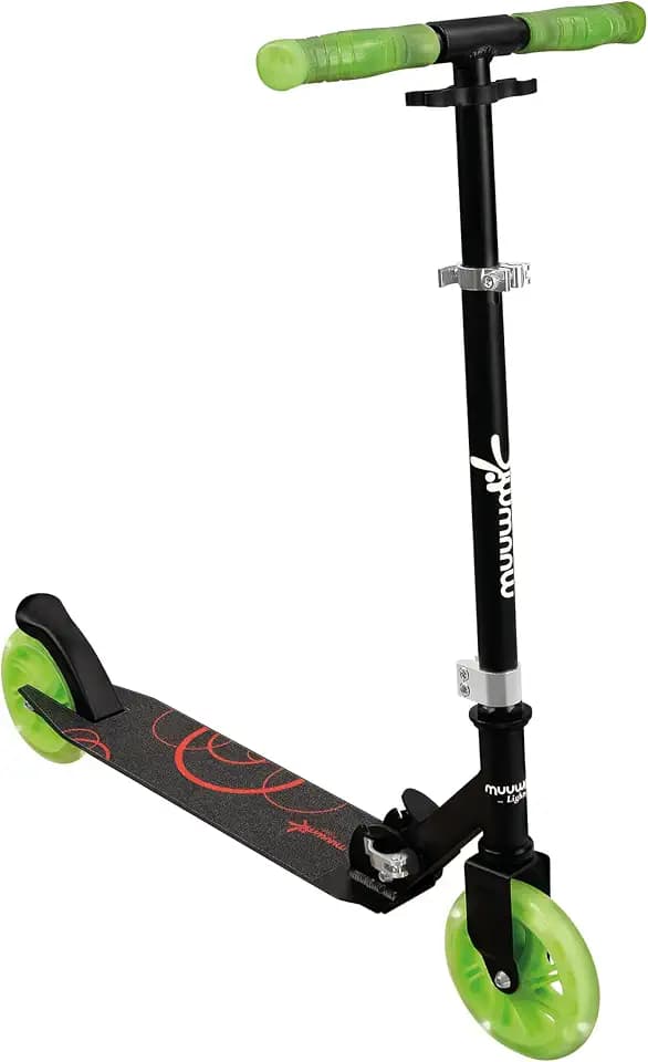 Muuwmi Lights Aluminium Scooter - Höhenverstellbarer Lenker - Geeignet für Kinder - GS-Zertifiziert - Bis zu 100 kg - mit Leuchtrollen - Tretroller in grün-schwarz