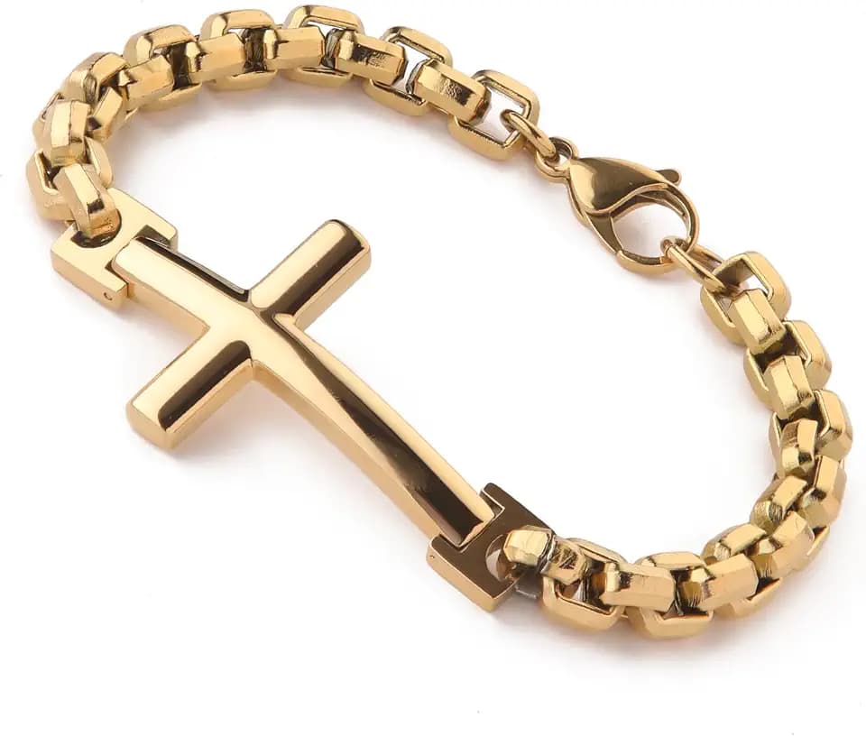 Stainless Steel Mens Cross Bracelet - 18K Gold Plated 316L Christian - Religious Jewelry for Women