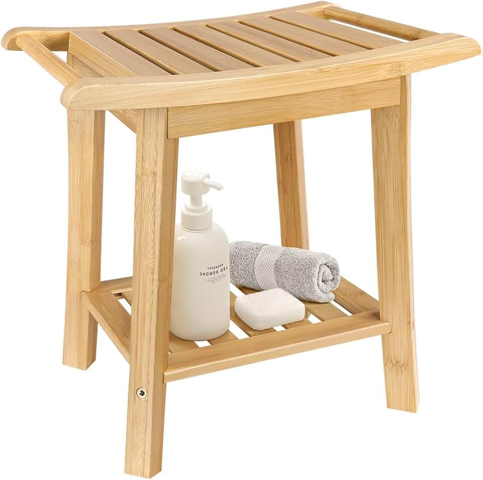 BFTOU 2-Tier Bamboo Shower Bench Small Shower Stool with Storage Shelf SPA Bathtub Shower Chair for Living Room Bedroom Bathroom, Natural