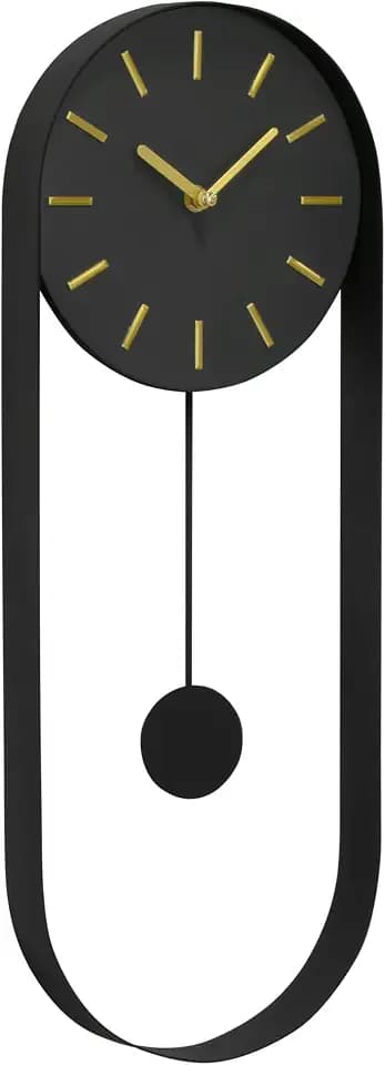 VERTA Modern Pendulum Wall Clock, Minimalist Black Iron Wall Clock with Gold Accents, Quartz Movement, Swinging Pendulum, 21.75″ Tall